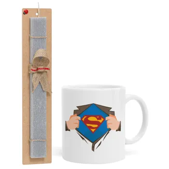 Superman hands, Πασχαλινή Λαμπάδα με Κούπα κεραμική (330ml) & κερί αρωματικό πλακέ (30cm) (ΓΚΡΙ)