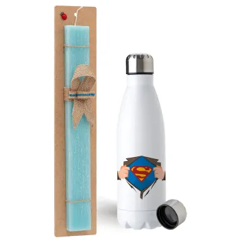Superman hands, Easter Set, metallic stainless steel water bottle (750ml) & aromatic flat Easter candle (30cm) (TURQUOISE)