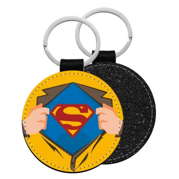 Superman hands, Μπρελόκ Δερματίνη, στρογγυλό ΜΑΥΡΟ (5cm)