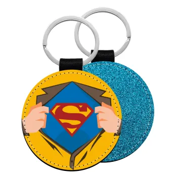 Superman hands, Μπρελόκ Δερματίνη, στρογγυλό ΜΠΛΕ (5cm)