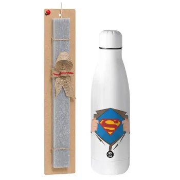 Superman hands, Easter Set, metallic stainless thermos bottle (500ml) & scented flat Easter candle (30cm) (GRAY)