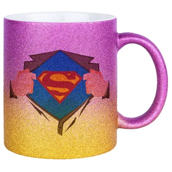 Superman hands, Κούπα Χρυσή/Ροζ Glitter, κεραμική, 330ml