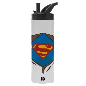 Superman hands, Metallic thermos bottle with straw & handle, stainless steel (Stainless steel 304), double-walled, 600ml.