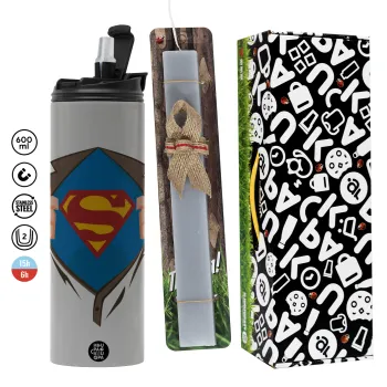 Superman hands, Πασχαλινή Λαμπάδα με Travel Tumbler θερμό (600ml, BPA free) & κερί αρωματικό πλακέ (30cm) (ΓΚΡΙ)