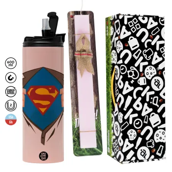 Superman hands, Πασχαλινή Λαμπάδα με  ΡΟΖ Travel Tumbler θερμό (600ml, BPA free) & κερί αρωματικό πλακέ (30cm) (ΡΟΖ)