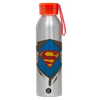Superman hands, Αλουμινένιο Αθλητικό Μπουκάλι 650ml – Ασημί με Κόκκινο Καπάκι και Λουράκι Σιλικόνης