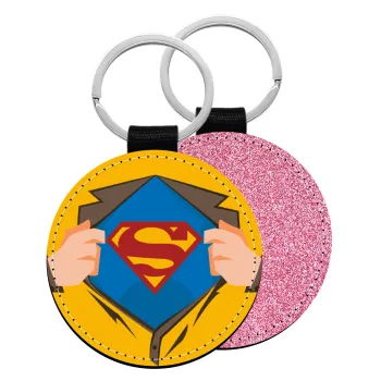 Superman hands, Μπρελόκ Δερματίνη, στρογγυλό ΡΟΖ (5cm)