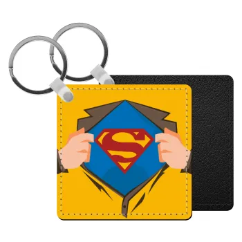 Superman hands, Μπρελόκ Δερματίνη, τετράγωνο ΜΑΥΡΟ (5x5cm)