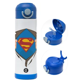 Superman hands, Παιδικό παγούρι θερμό, ανοξείδωτο, με καλαμάκι ασφαλείας, ΜΠΛΕ (500ml)