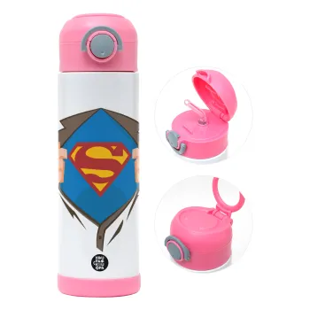 Superman hands, Children's hot water bottle, stainless steel, with safety straw, PINK (500ml)