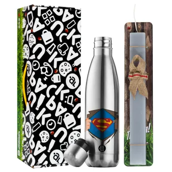 Superman hands, Easter Set, metallic stainless thermos flask (500ml) & scented flat Easter candle (30cm) (GRAY)