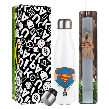 Superman hands, Easter candle, metallic white thermos bottle (500ml) & aromatic flat candle (30cm) (GRAY)