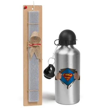 Superman hands, Easter Set, metallic silver aluminum water bottle (500ml) & aromatic flat Easter candle (30cm) (GRAY)