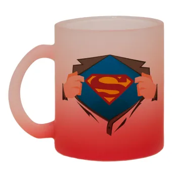 Superman hands, Κούπα γυάλινη δίχρωμη με βάση το κόκκινο ματ, 330ml