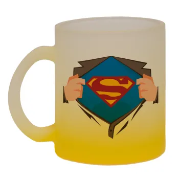 Superman hands, Κούπα γυάλινη δίχρωμη με βάση το κίτρινο ματ, 330ml
