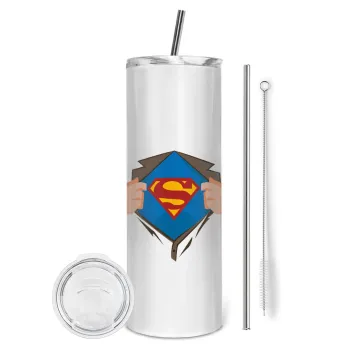 Superman hands, Tumbler ποτήρι θερμό από ανοξείδωτο ατσάλι 600ml, με μεταλλικό καλαμάκι & βούρτσα καθαρισμού