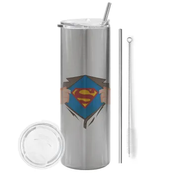 Superman hands, Tumbler ποτήρι θερμό Ασημένιο από ανοξείδωτο ατσάλι 600ml, με μεταλλικό καλαμάκι & βούρτσα καθαρισμού