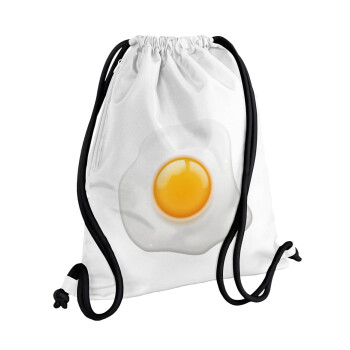 Τηγανητό αυγό, Τσάντα πλάτης πουγκί GYMBAG λευκή, με τσέπη (40x48cm) & χονδρά κορδόνια