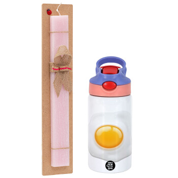 Τηγανητό αυγό, Πασχαλινό Σετ, Παιδικό παγούρι θερμό, ανοξείδωτο, με καλαμάκι ασφαλείας, ροζ/μωβ (350ml) & πασχαλινή λαμπάδα αρωματική πλακέ (30cm) (ΡΟΖ)