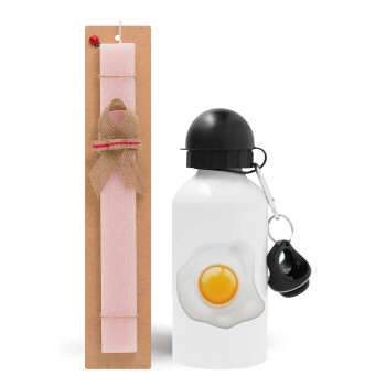 Τηγανητό αυγό, Πασχαλινό Σετ, παγούρι μεταλλικό αλουμινίου (500ml) & πασχαλινή λαμπάδα αρωματική πλακέ (30cm) (ΡΟΖ)