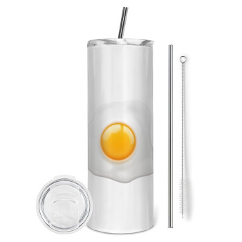 Τηγανητό αυγό, Eco friendly ποτήρι θερμό (tumbler) από ανοξείδωτο ατσάλι 600ml, με μεταλλικό καλαμάκι & βούρτσα καθαρισμού