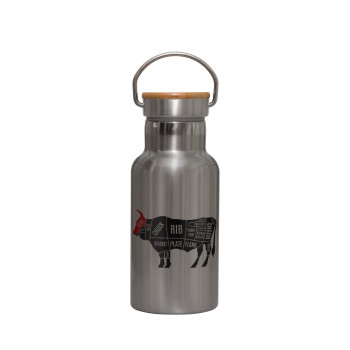 Diagrams for butcher shop, Stainless steel metallic thermos flask, silver with a bamboo lid, double-walled, 350ml.