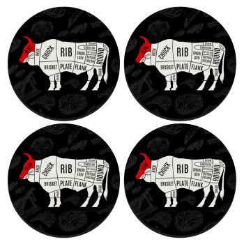 Diagrams for butcher shop, SET of 4 round wooden coasters (9cm)