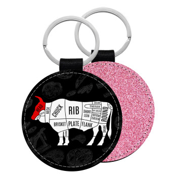 Diagrams for butcher shop, Μπρελόκ Δερματίνη, στρογγυλό ΡΟΖ (5cm)