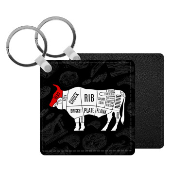 Diagrams for butcher shop, Μπρελόκ Δερματίνη, τετράγωνο ΜΑΥΡΟ (5x5cm)