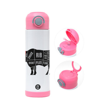 Diagrams for butcher shop, Children's hot water bottle, stainless steel, with safety straw, PINK (500ml)