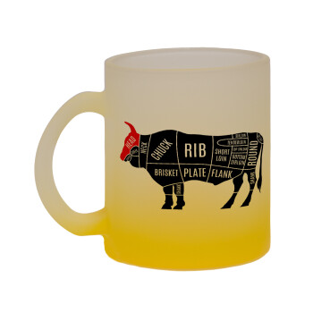 Diagrams for butcher shop, Κούπα γυάλινη δίχρωμη με βάση το κίτρινο ματ, 330ml