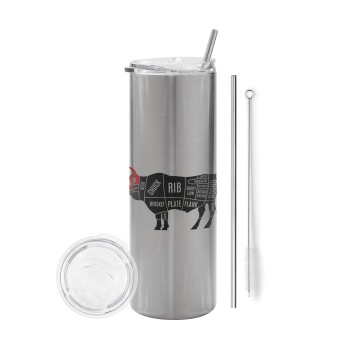 Diagrams for butcher shop, Tumbler ποτήρι θερμό Ασημένιο από ανοξείδωτο ατσάλι 600ml, με μεταλλικό καλαμάκι & βούρτσα καθαρισμού