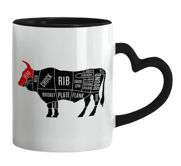 Diagrams for butcher shop — Mug heart black handle, ceramic, 330ml