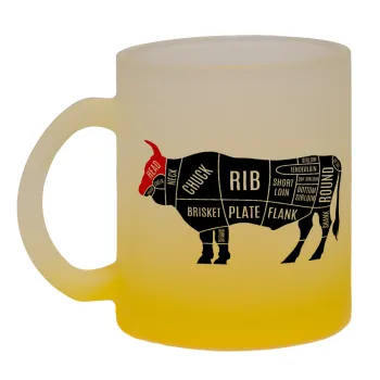 Diagrams for butcher shop, Κούπα γυάλινη δίχρωμη με βάση το κίτρινο ματ, 330ml