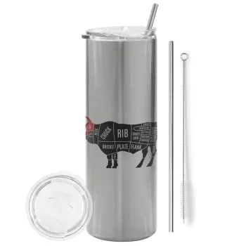 Diagrams for butcher shop, Tumbler stainless steel Silver 600ml, with metal straw & cleaning brush