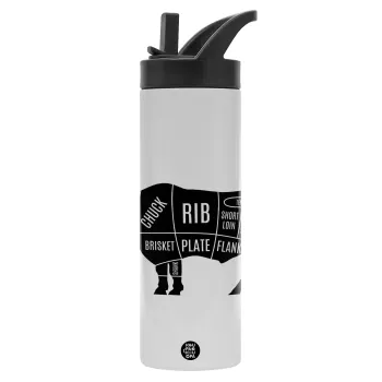 Diagrams for butcher shop, Metallic thermos bottle with straw & handle, stainless steel (Stainless steel 304), double-walled, 600ml.