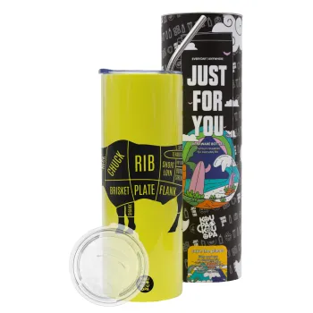 Diagrams for butcher shop, Neon Yellow Travel Tumbler θερμό, μεταλλικό καλαμάκι(Ανωξείδωτο 304 Food grade, BPA free, 600ml)