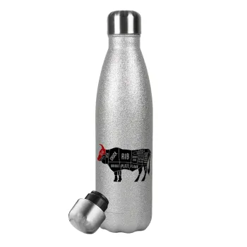 Diagrams for butcher shop, Metallic Glitter Silver Thermos Flask (Stainless steel), double-walled, 500ml