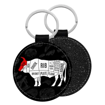 Diagrams for butcher shop, Μπρελόκ Δερματίνη, στρογγυλό ΜΑΥΡΟ (5cm)