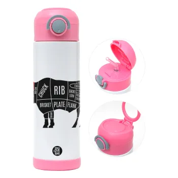 Diagrams for butcher shop, Παιδικό παγούρι θερμό, ανοξείδωτο, με καλαμάκι ασφαλείας, ΡΟΖ (500ml)