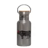 Stainless steel metallic thermos flask, silver with a bamboo lid, double-walled, 350ml.