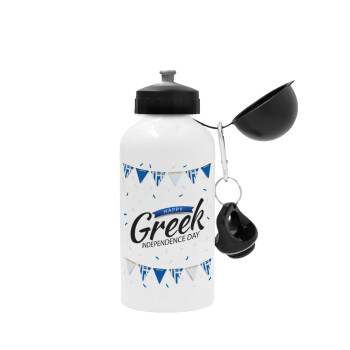Happy GREEK Independence day, Metal water bottle, White, aluminum 500ml
