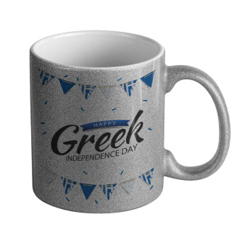 Happy GREEK Independence day, Κούπα Ασημένια Glitter που γυαλίζει, κεραμική, 330ml