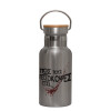 Stainless steel metallic thermos flask, silver with a bamboo lid, double-walled, 350ml.