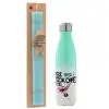 Easter Set, Metallic green/white thermos (Stainless steel), double-walled, 500ml & scented flat Easter candle (30cm) (TURQUOISE)