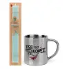 Easter Set, metallic thermal cup (300ml) & aromatic flat Easter candle (30cm) (TURQUOISE)