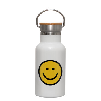 Smile classic, Metallic thermos (Stainless steel) White with wooden lid (bamboo), double-walled, 350ml