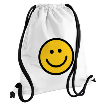 Smile classic, Τσάντα πλάτης πουγκί GYMBAG λευκή, με τσέπη (40x48cm) & χονδρά κορδόνια