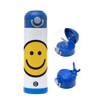 Smile classic, Children's hot water bottle, stainless steel, with safety straw, BLUE (500ml)