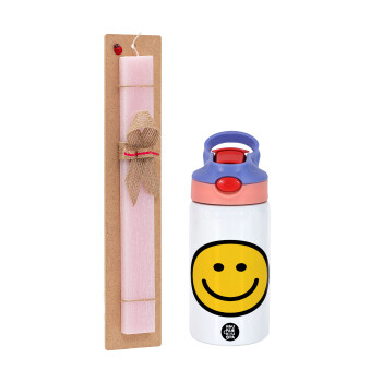Smile classic, Easter Set, Children's thermal stainless steel water bottle with safety straw, pink/purple (350ml) & Easter scented flat candle (30cm) (PINK)